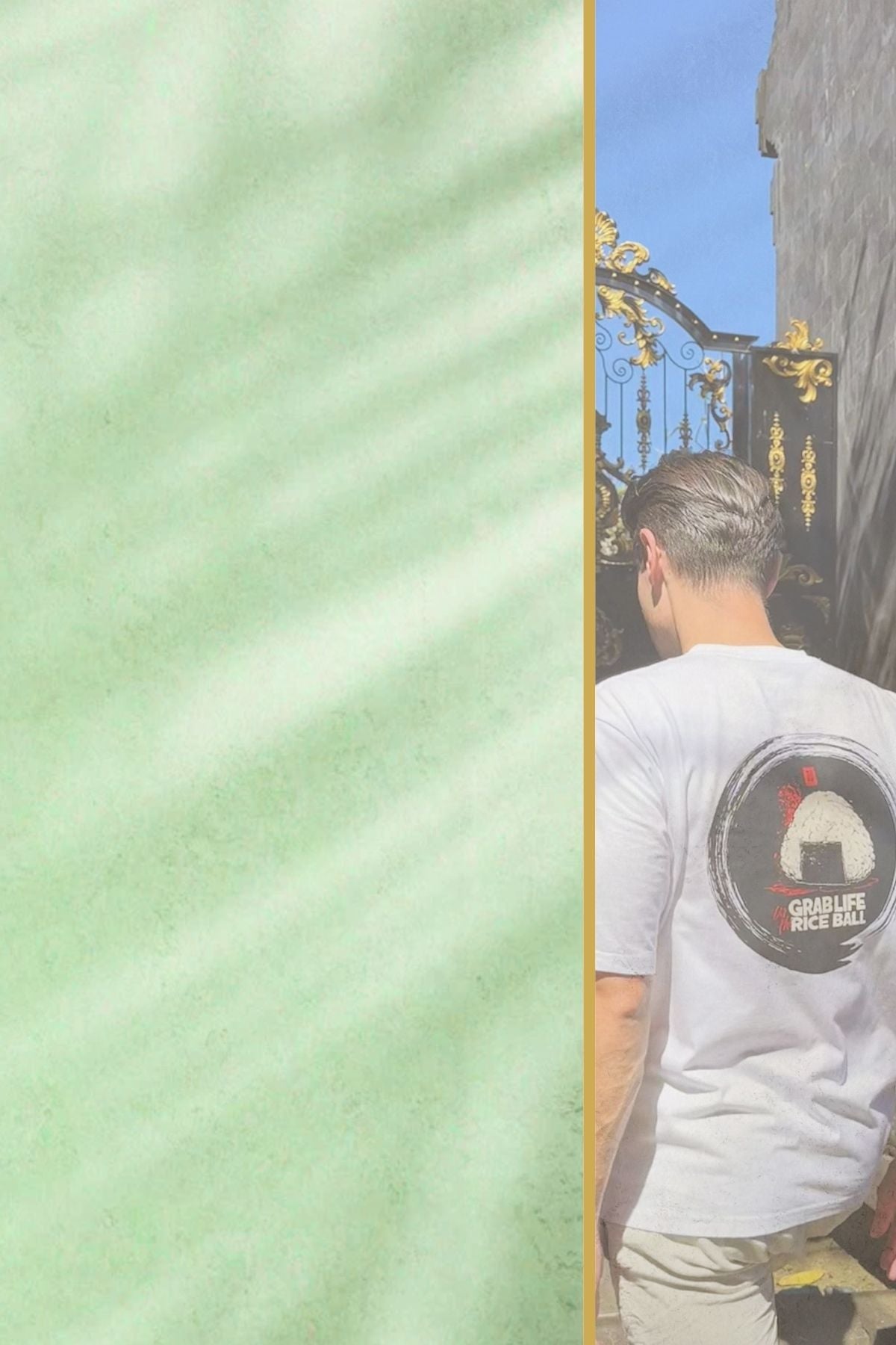 Male model wearing a white t-shirt with a spicy lotus design on the back, standing in front of a traditional gate.
