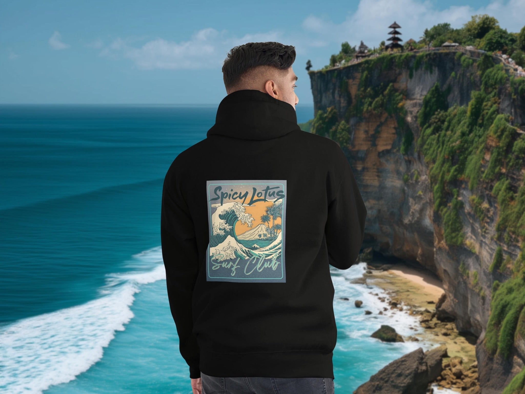 Spicy Lotus Surf Club Midnight Wave back print hoodie