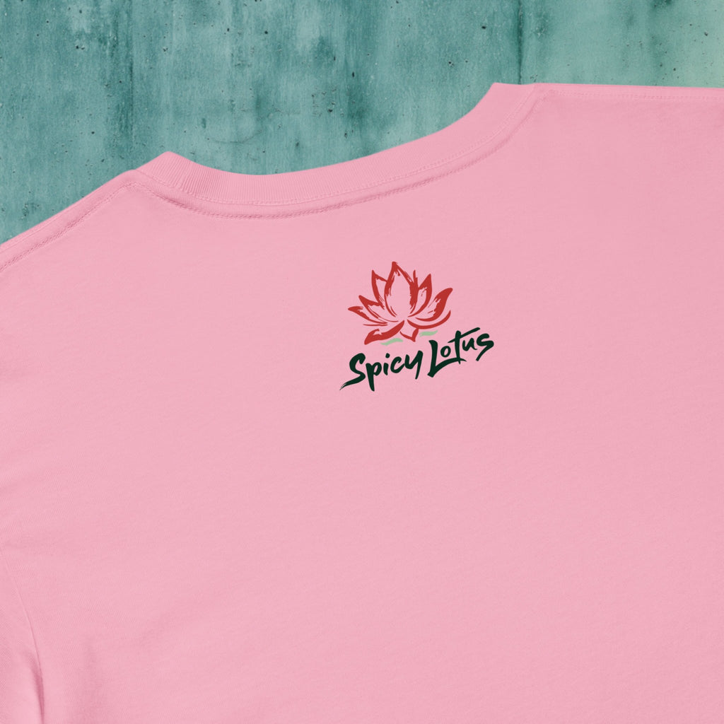 Close-up of colorful ramen noodles DTG back logo print on soft cotton crop top