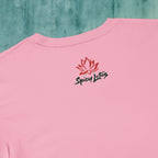 Close-up of colorful ramen noodles DTG back logo print on soft cotton crop top