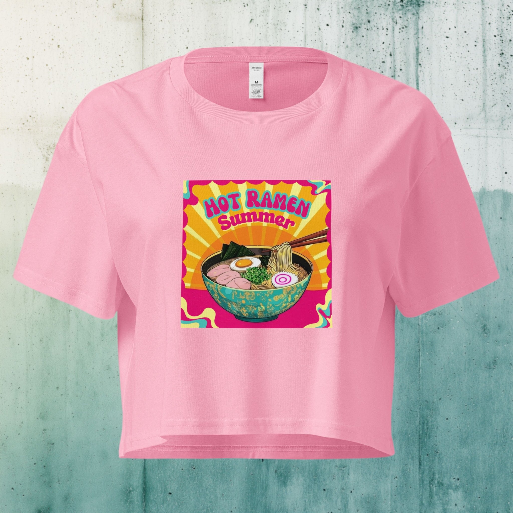 Dropped shoulder and cropped hem detail on playful ramen crop top Ghost