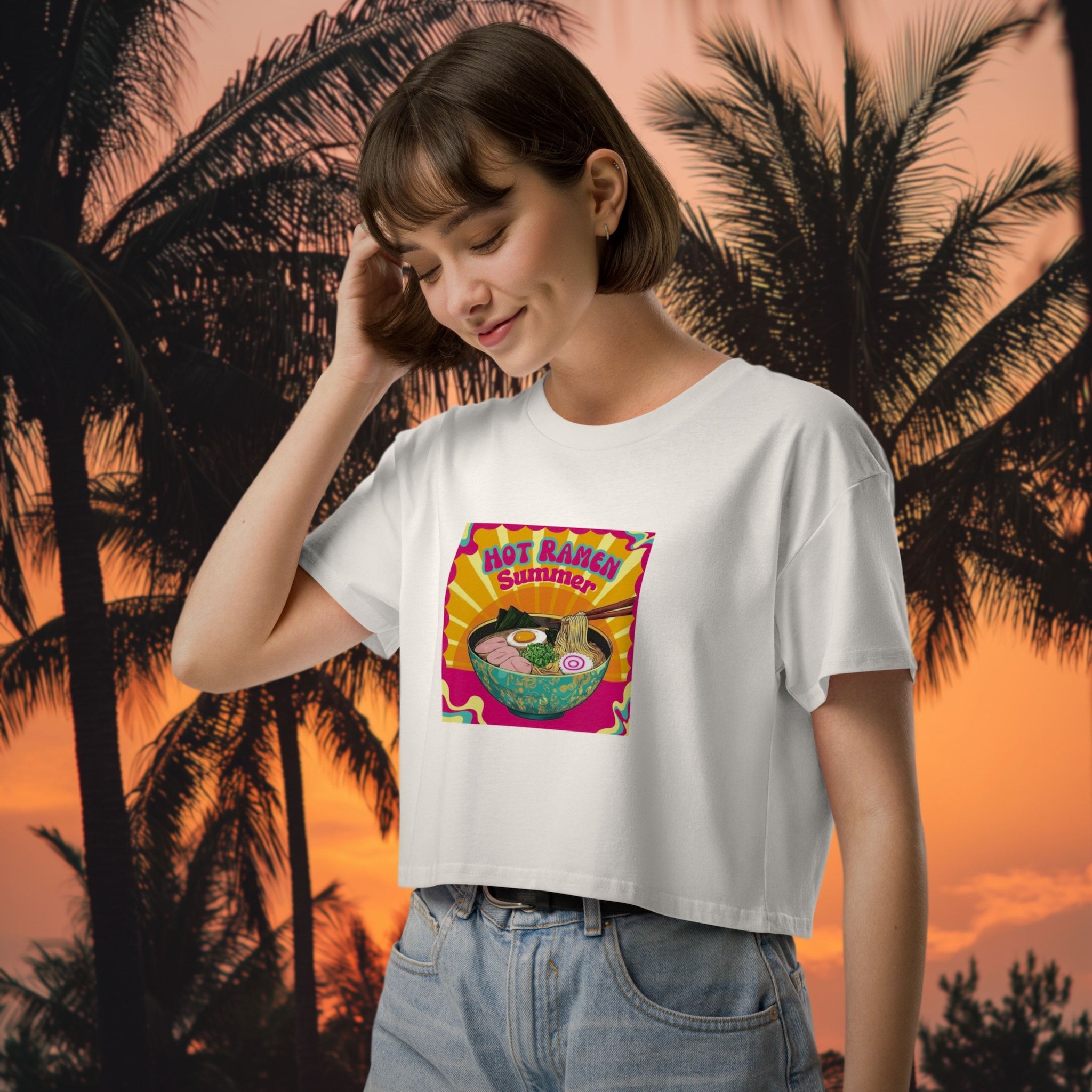 Model wearing Hot Ramen Summer crop top in the evening sun