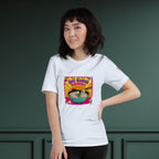 Person wearing a white t-shirt with a colorful ramen graphic design on a dark green background
