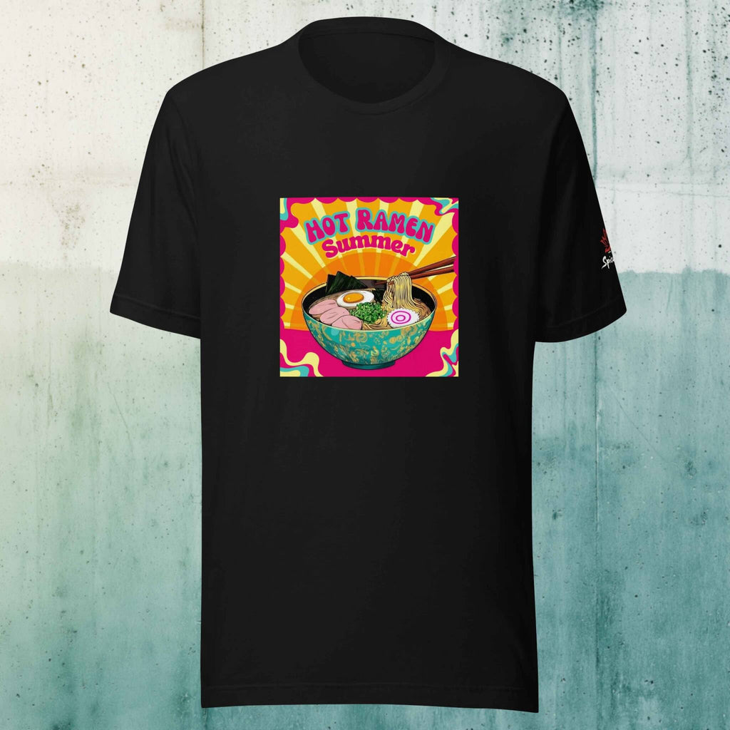 Black t-shirt with a colorful graphic of ramen on a textured light background