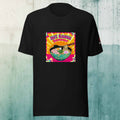 Black t-shirt with a colorful graphic of ramen on a textured light background
