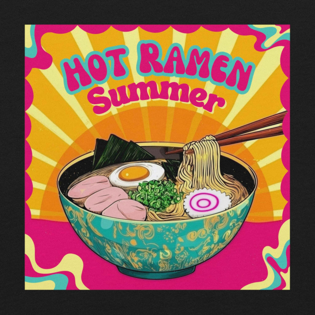 Illustration of a bowl of ramen with chopsticks against a colorful background with 'Hot Ramen Summer' text.
