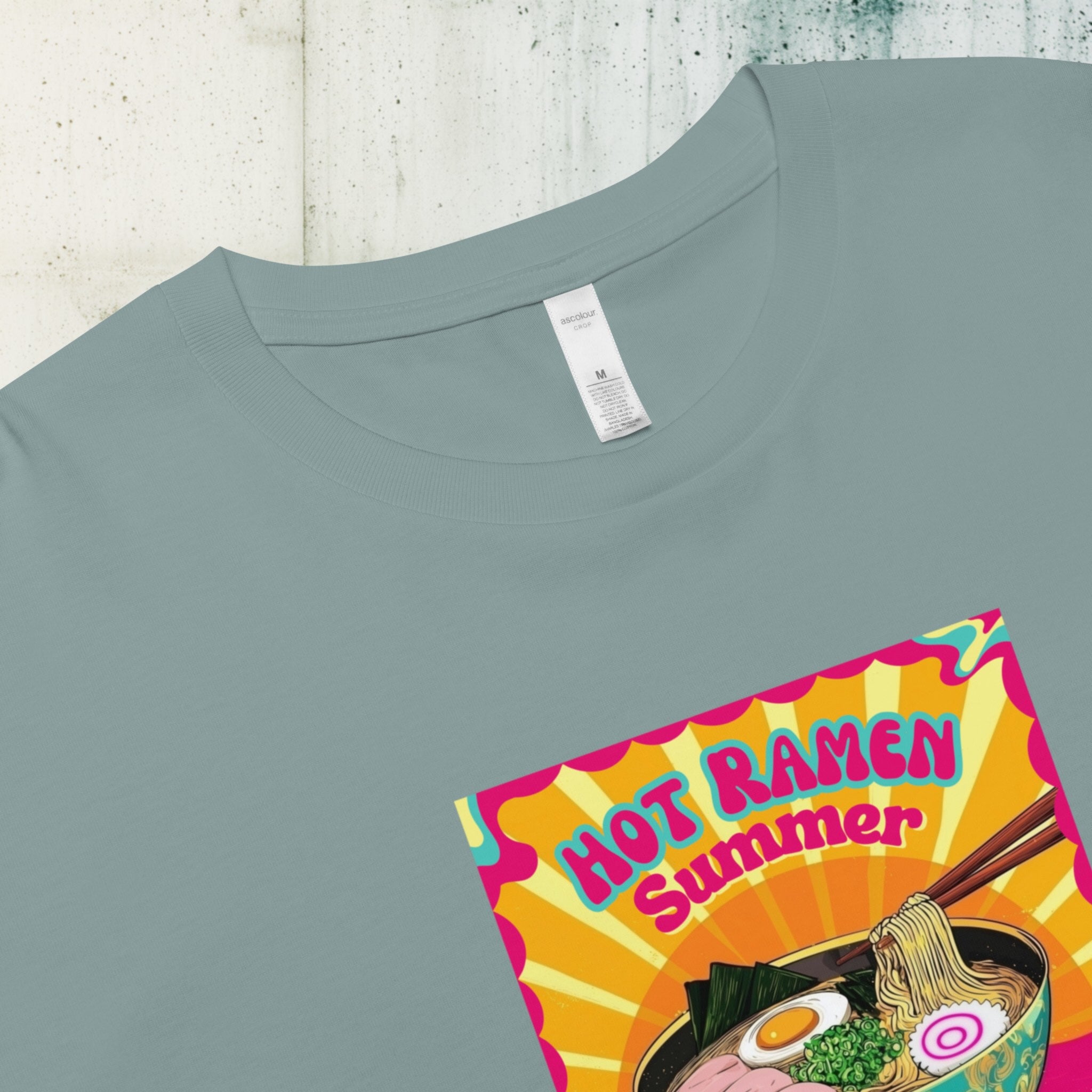 Close-up of colorful ramen noodles DTG print on soft cotton crop top