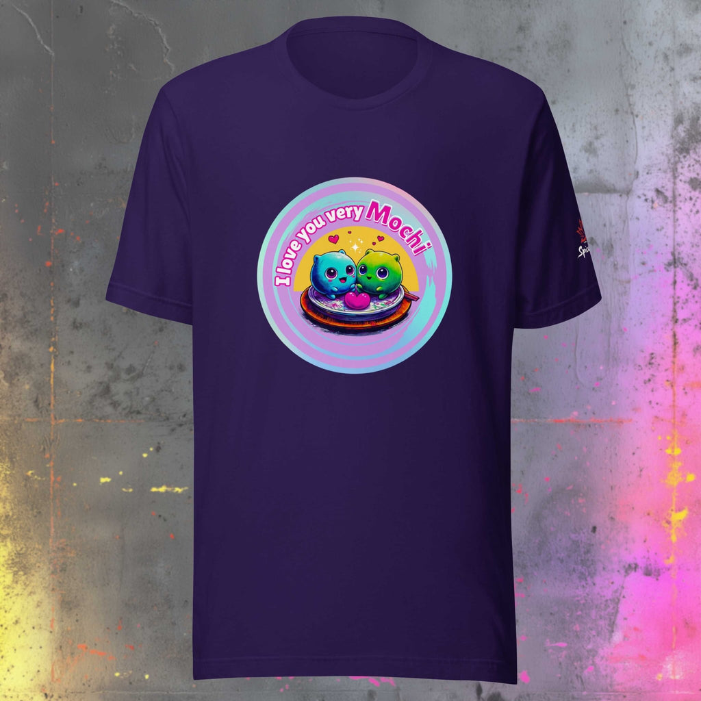 Purple t-shirt with a colorful mochi graphic design on a textured gray background