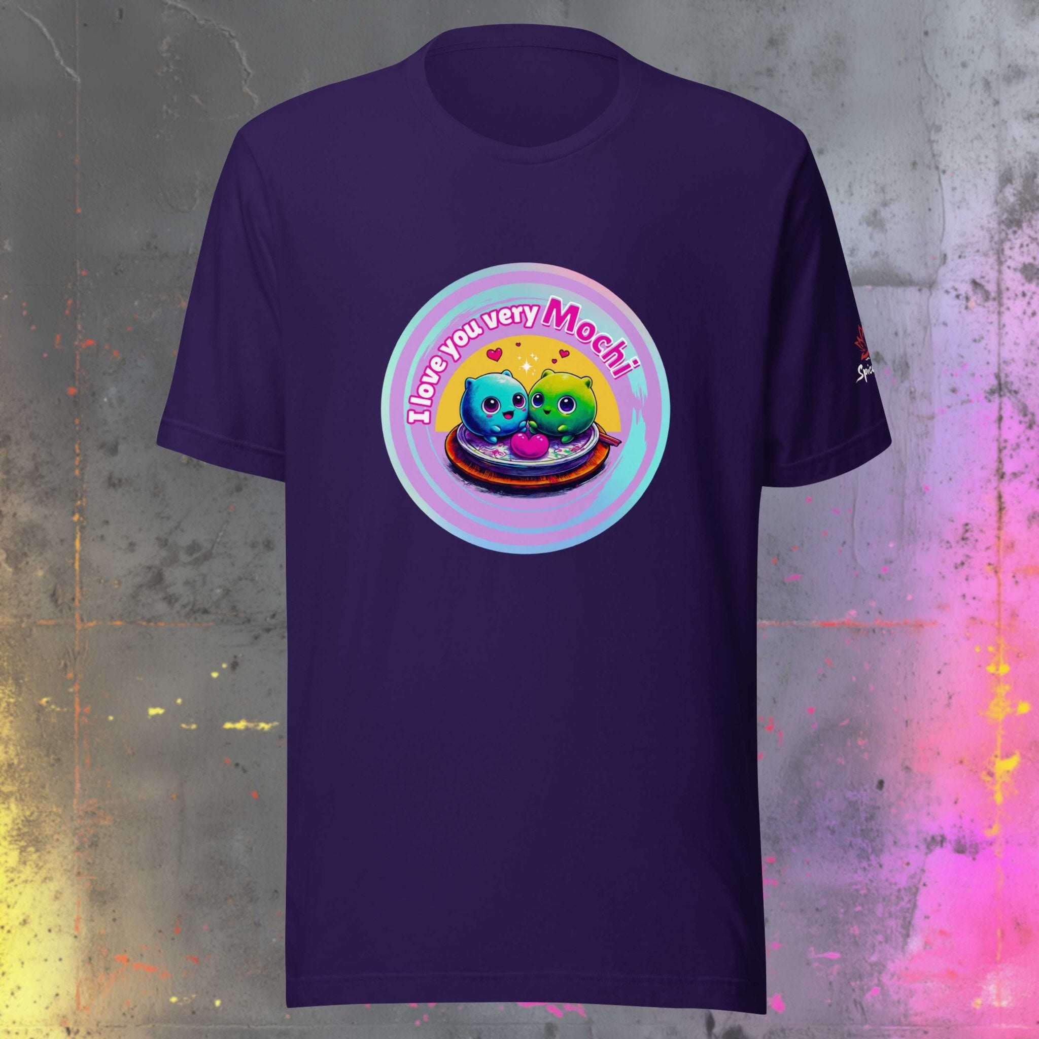 Purple t-shirt with a colorful mochi graphic design on a textured gray background