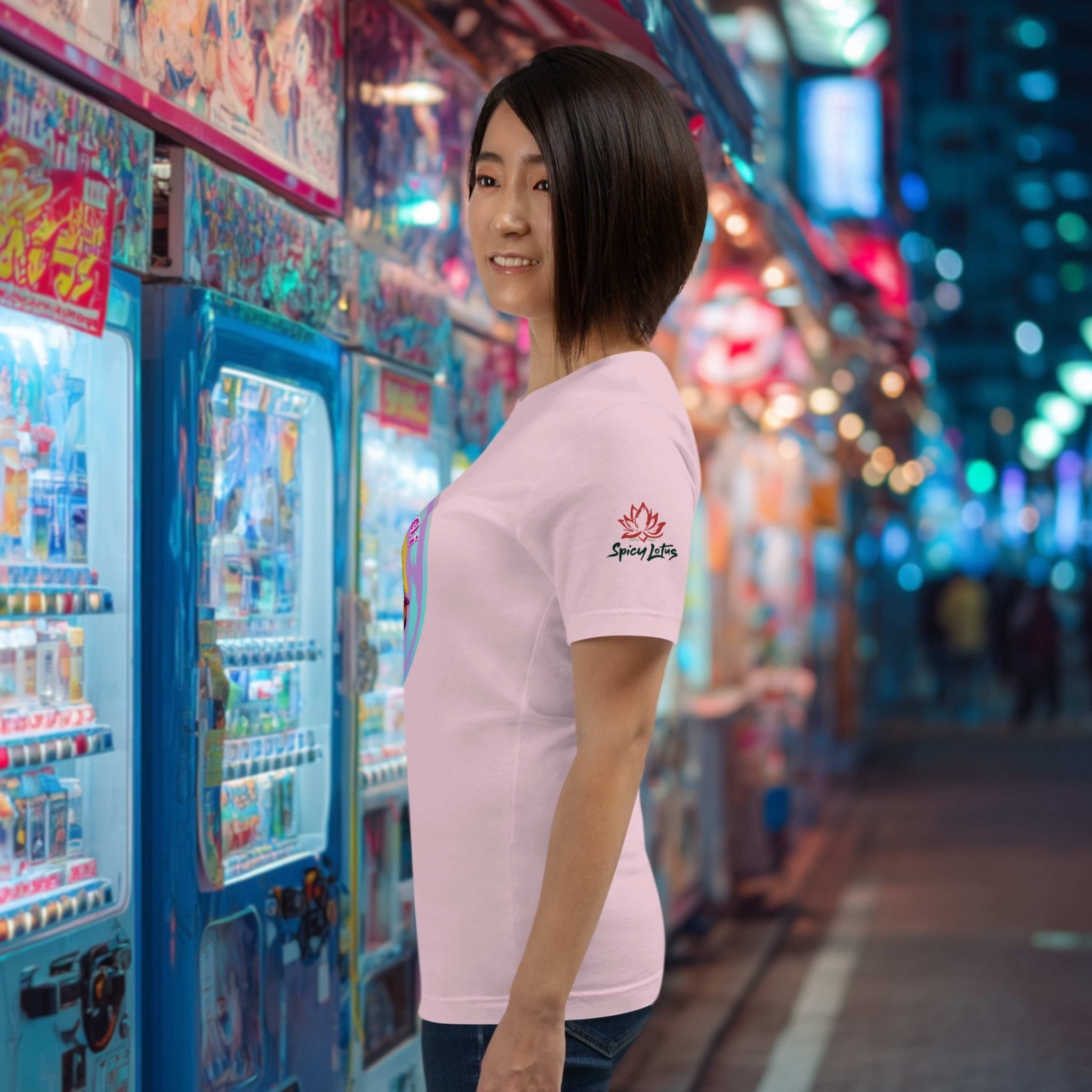 Woman in a pink shirt with cute mochi design standing next to a row of colorful vending machines in a vibrant street setting.