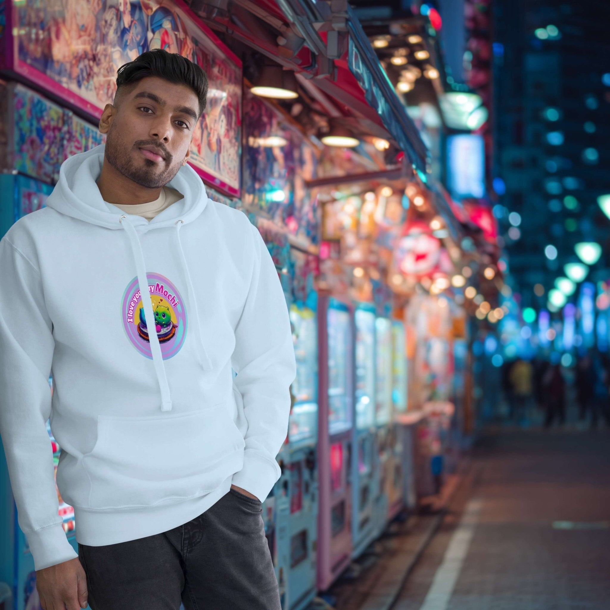 Model wearing I Love You Very Mochi hoodie in relaxed city environment