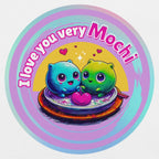 Two cartoon mochi characters with 'I love you very Mochi' text on a colorful background.
