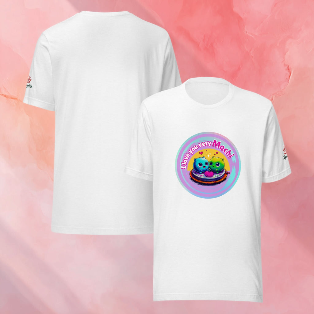 Front/Back view of I Love You Very Mochi graphic ghost t-shirt
