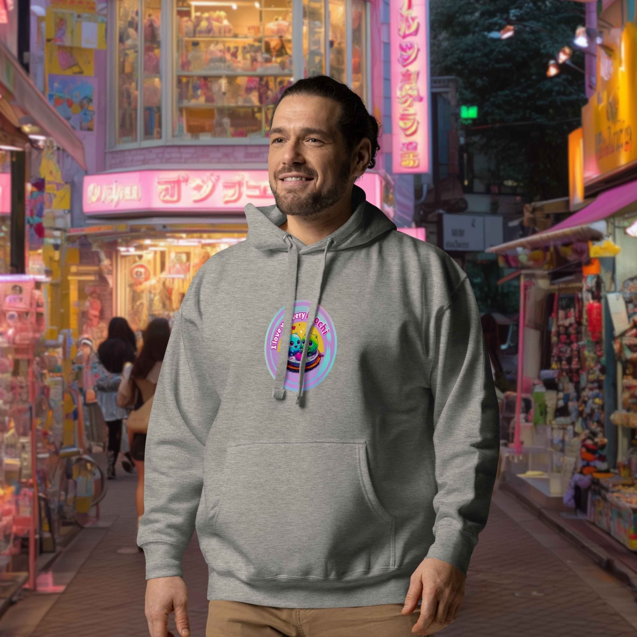 Model wearing I Love You Very Mochi hoodie in relaxed city environment