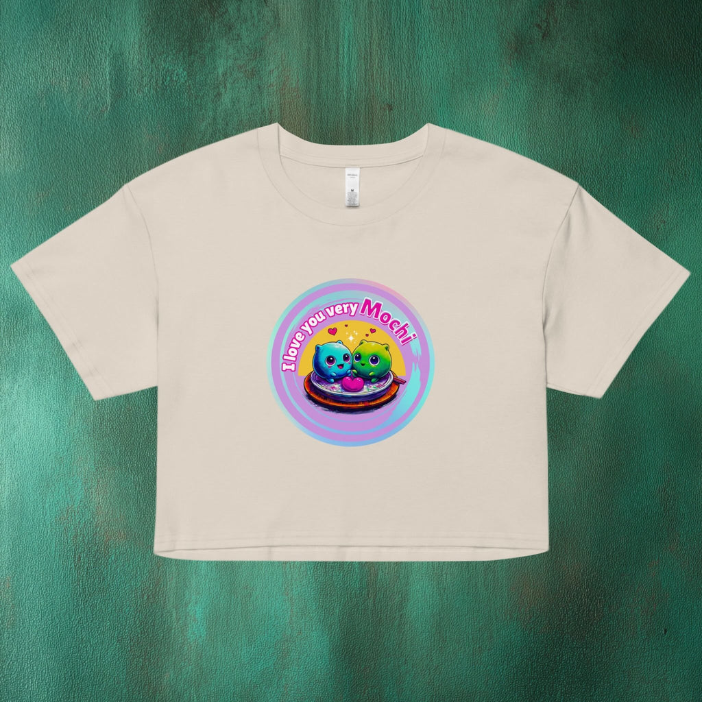 Flatlay I Love You Very Mochi crop top showing full mochi illustration