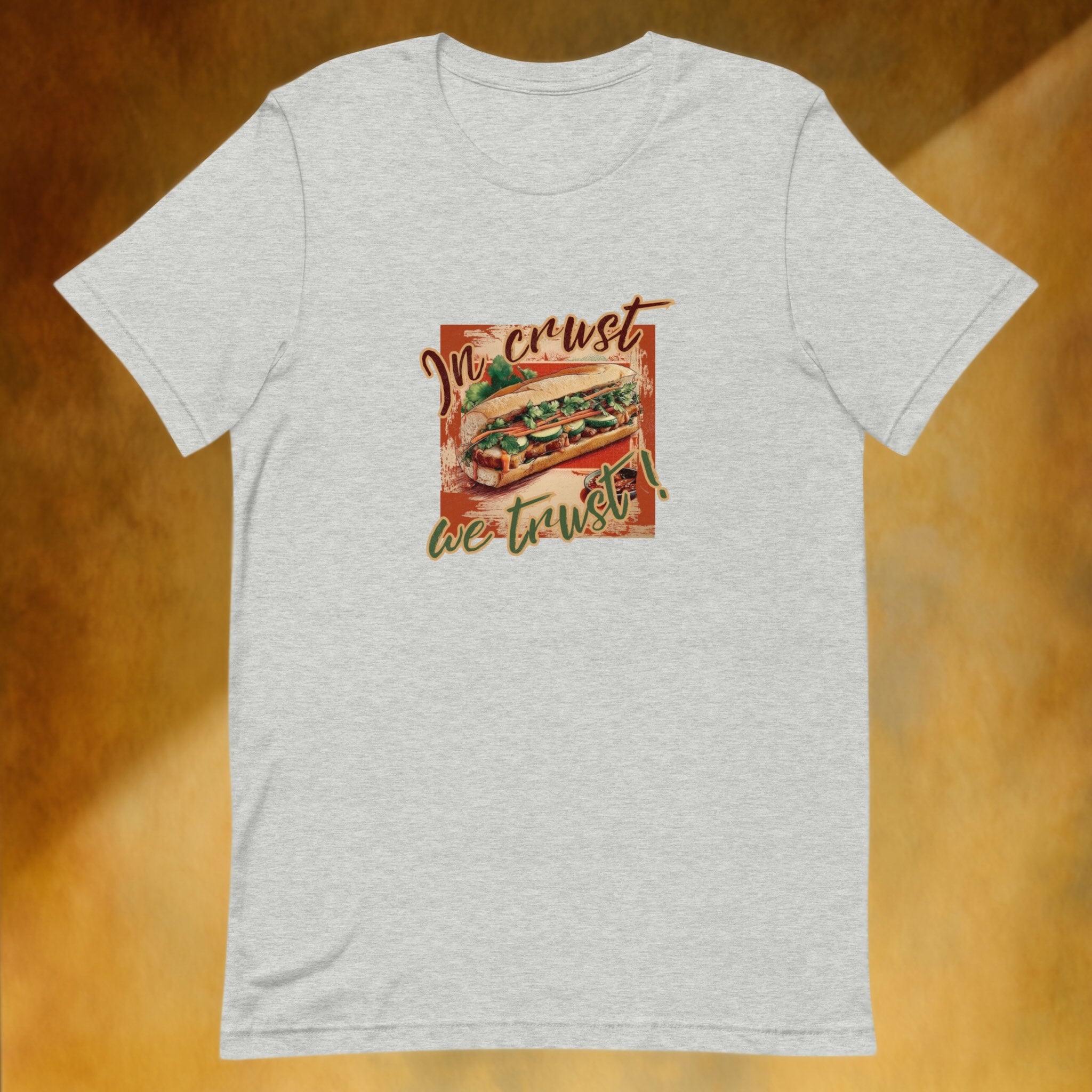 Front view of In Crust We Trust graphic flatlay t-shirt