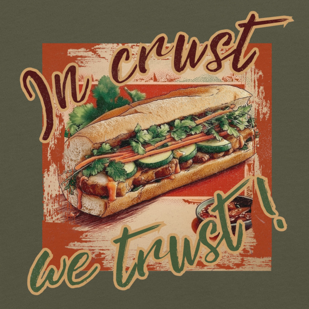 DTG print detail on In Crust We Trust Vietnamese food tee