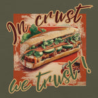 DTG print detail on In Crust We Trust Vietnamese food tee