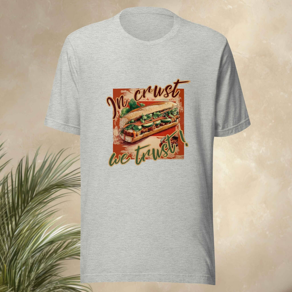 Gray t-shirt with a banh mi sandwich graphic and text on a beige background