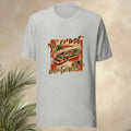 Gray t-shirt with a banh mi sandwich graphic and text on a beige background