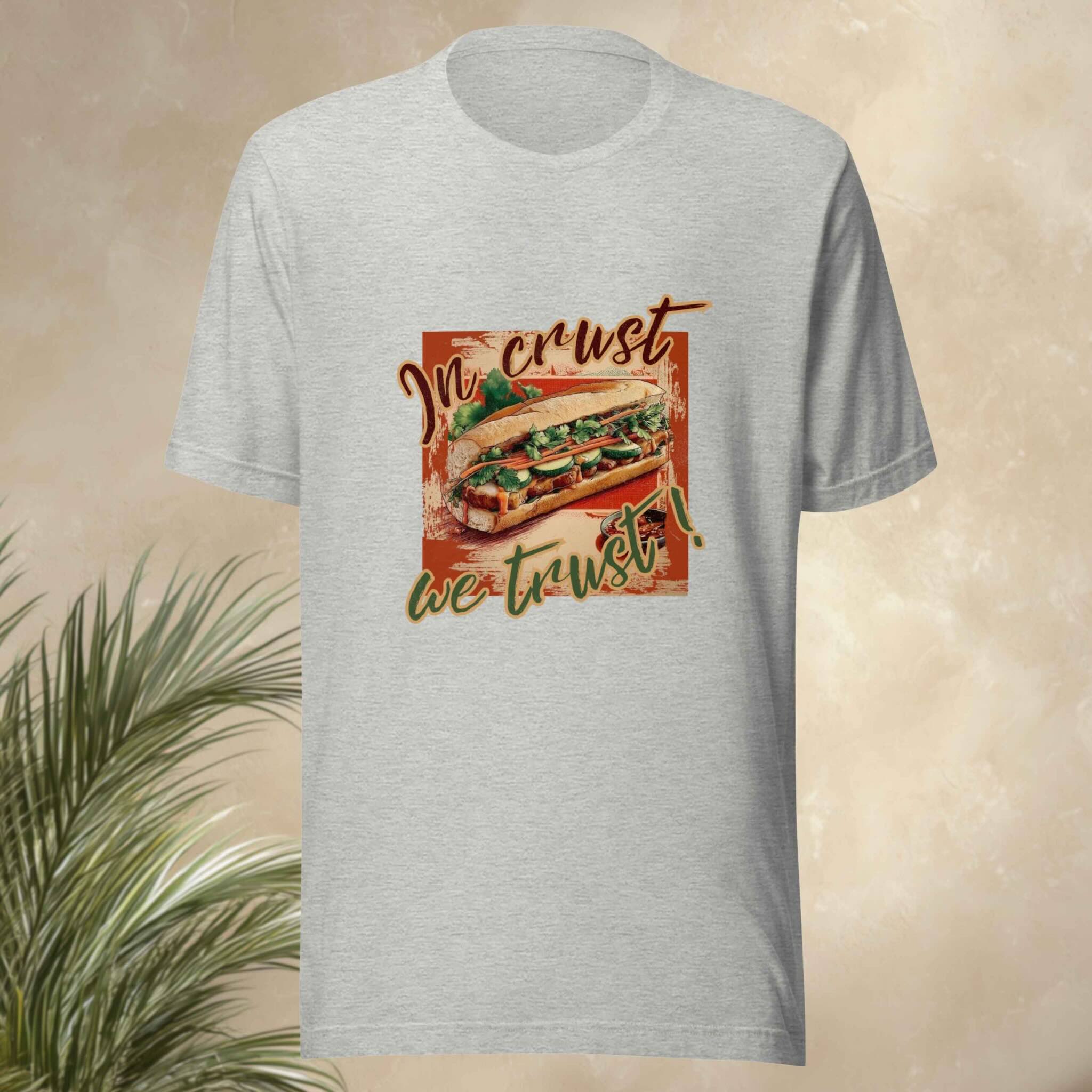 Gray t-shirt with a banh mi sandwich graphic and text on a beige background