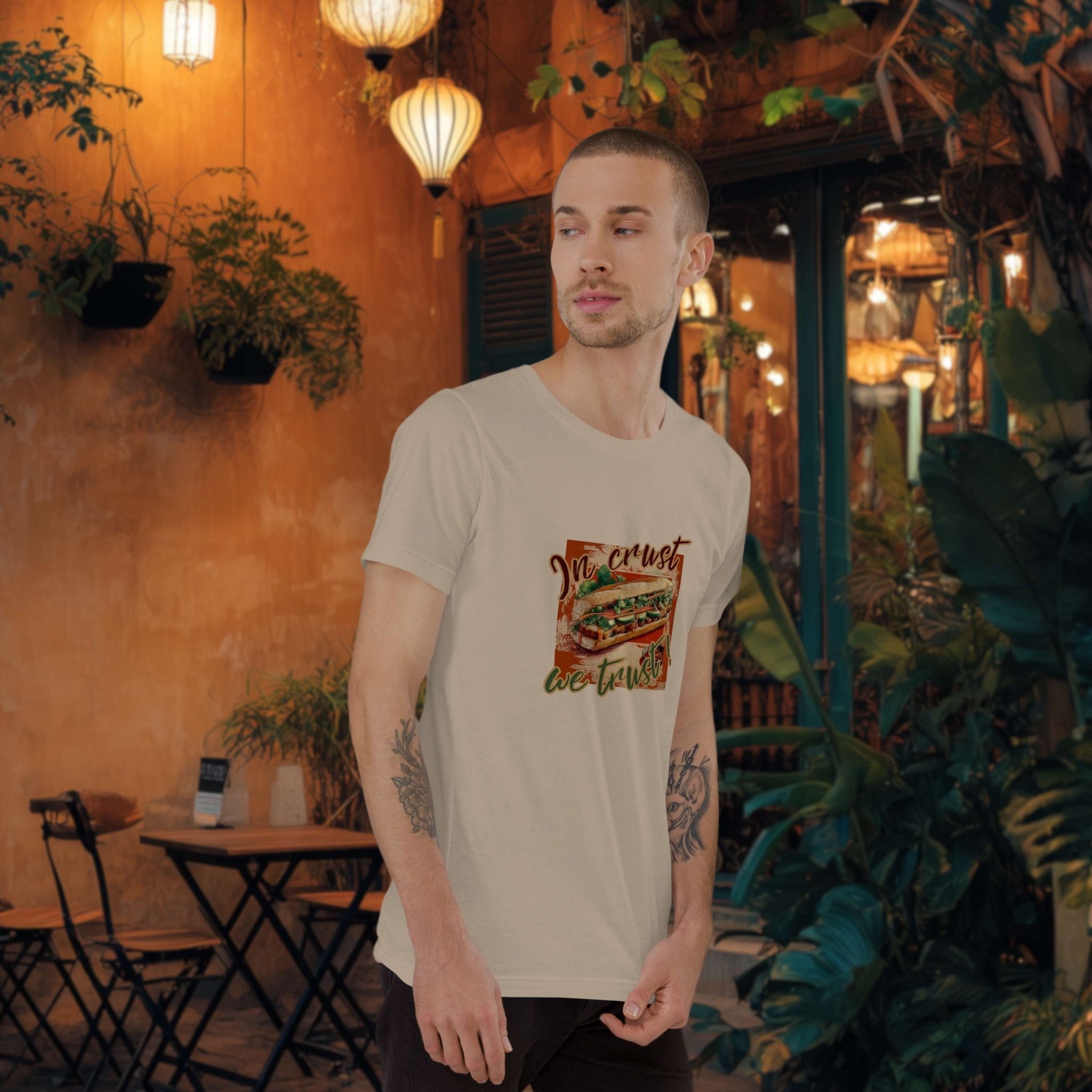 Model wearing In Crust We Trust t-shirt during casual city walk
