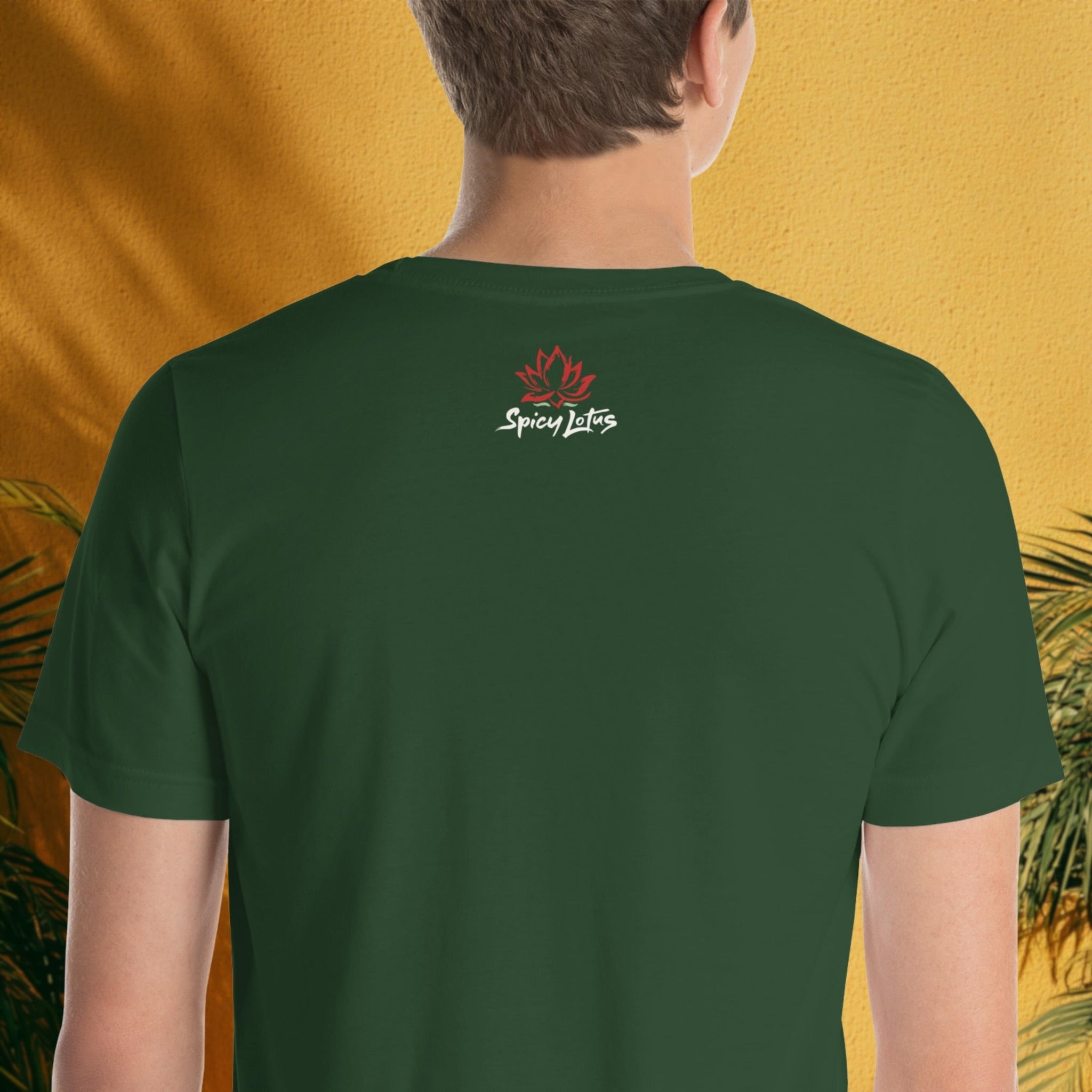 Person wearing a green t-shirt with a logo on the back against a yellow background