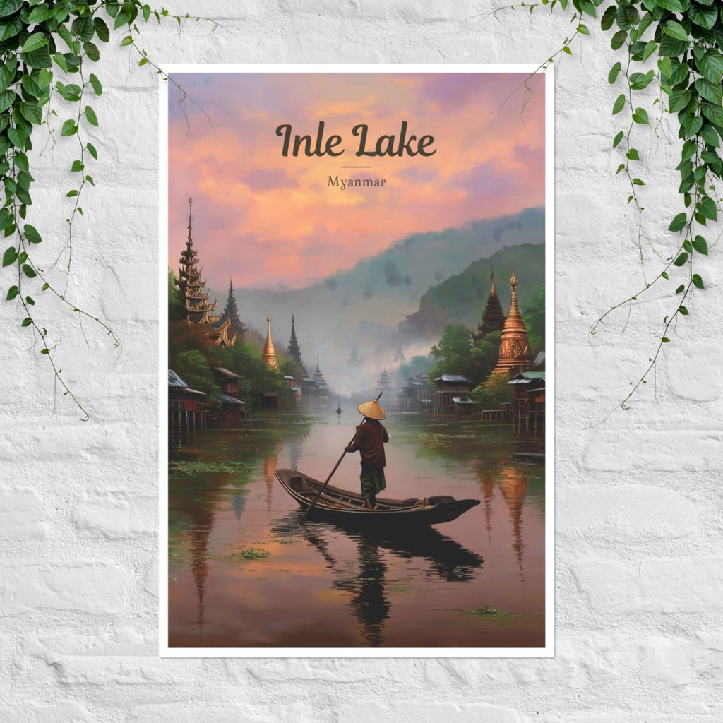 Inle Lake Myanmar poster with water village and one-leg rower at sunset