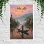 Inle Lake Myanmar poster with water village and one-leg rower at sunset
