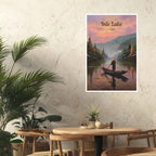 Poster of Inle Lake on a wall above a wooden table with plants.