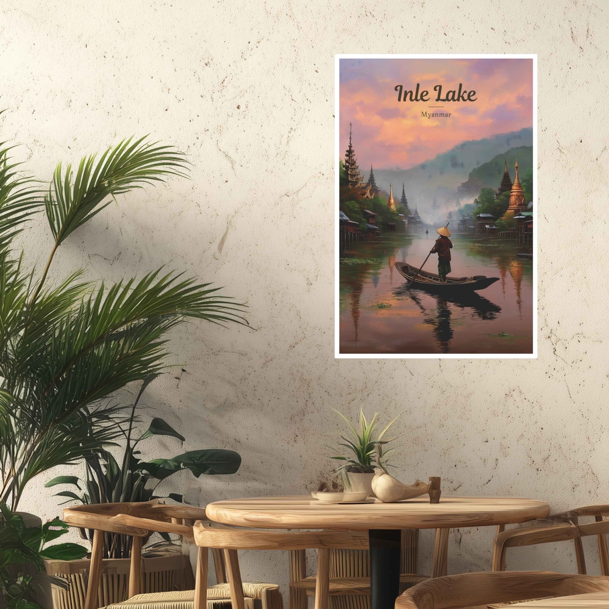 Poster of Inle Lake on a wall above a wooden table with plants.