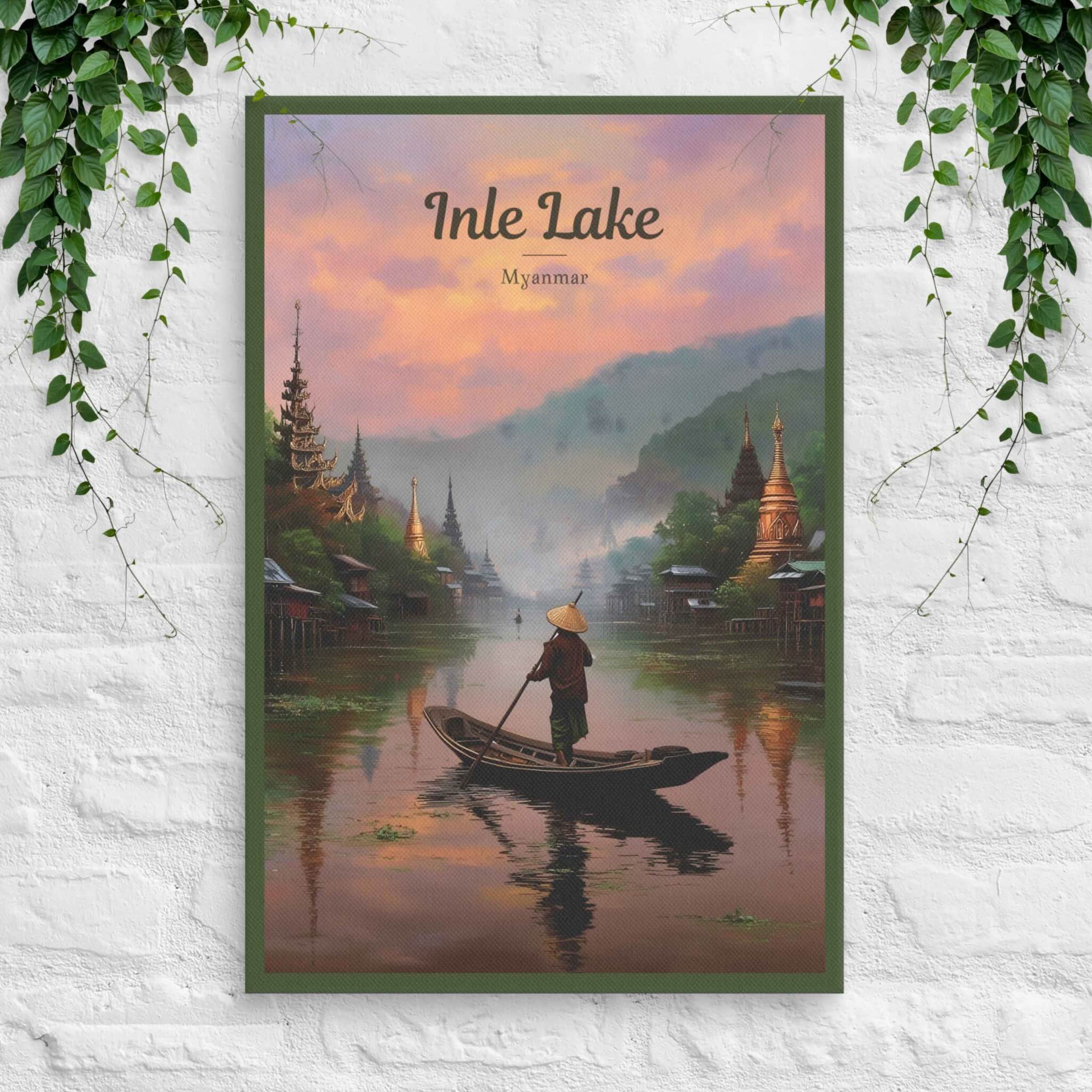 Inle Lake water village poster at sunset with one-leg rower