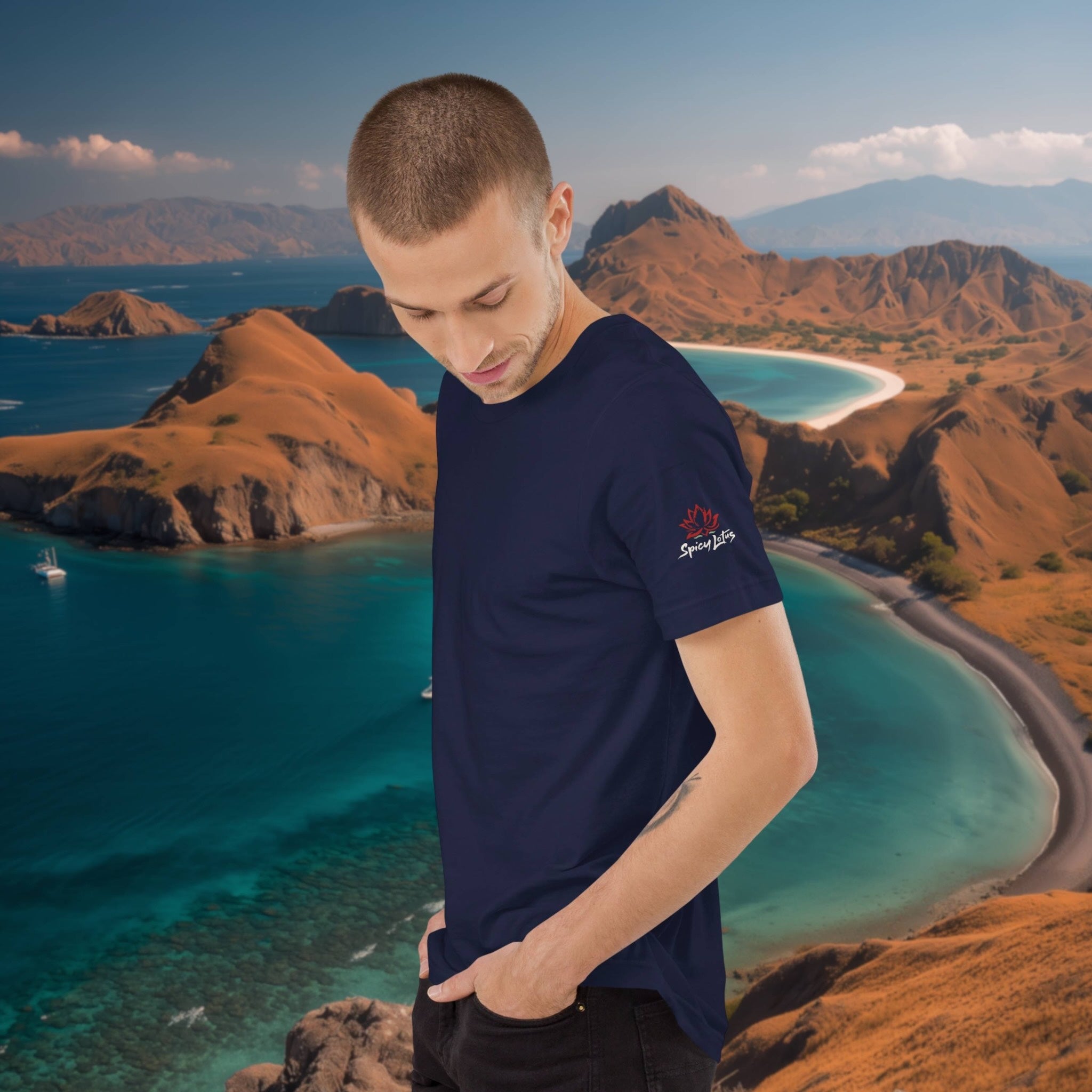 Man wearing a navy blue t-shirt with a logo in front of a scenic mountain and beach landscape.