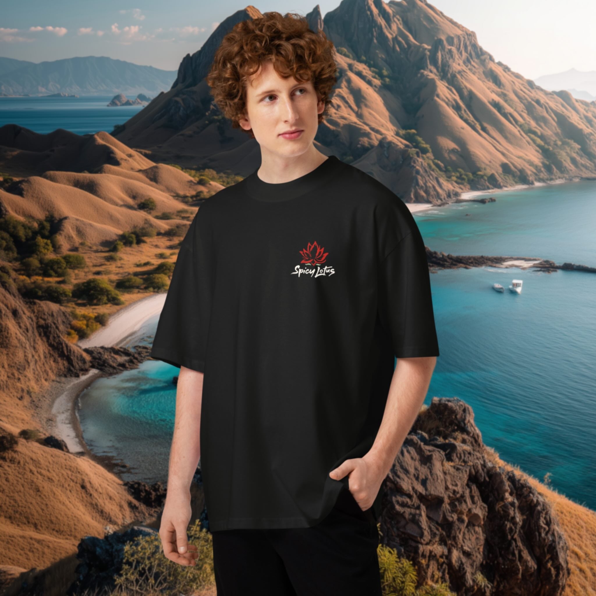 Man wearing a black t-shirt with a Spicy Lotus chest logo in front of a scenic mountain and beach backdrop, at Komodo Island