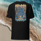 Black t-shirt with an island lizard graphic design on the back, displayed against a beach background.