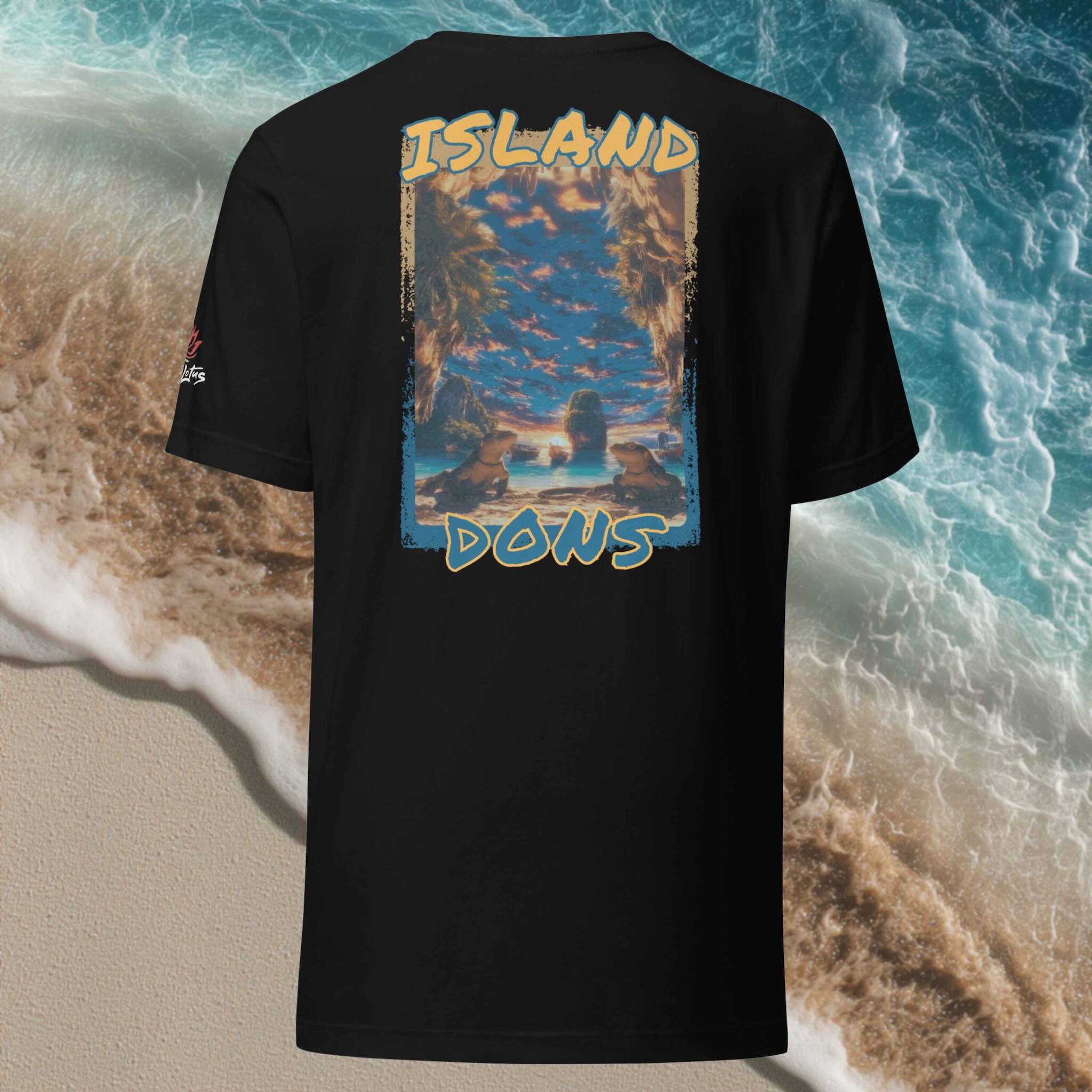 Black t-shirt with an island lizard graphic design on the back, displayed against a beach background.