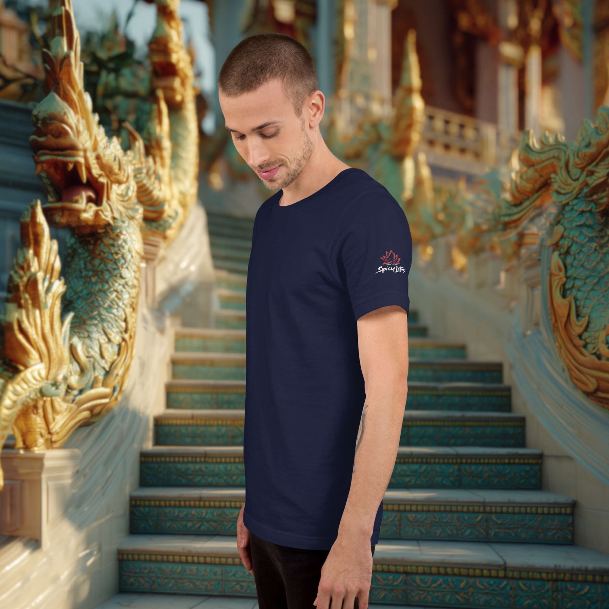 Bella+Canvas 3001 unisex back print T-shirt side view on a man in front of naga stairs and a thai temple
