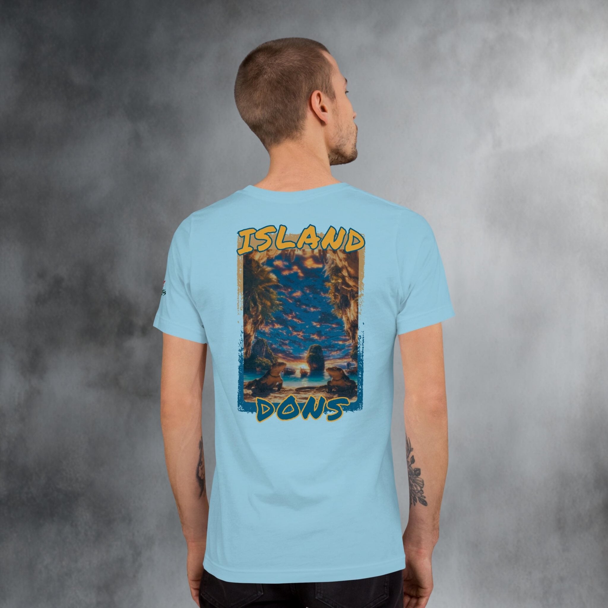 Island Dons Railay Reign back print T-shirt studio worn by young man in studio 