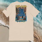 Back view Bella+Canvas 3001 unisex flatlay T-shirt in front of beach and ocean scene