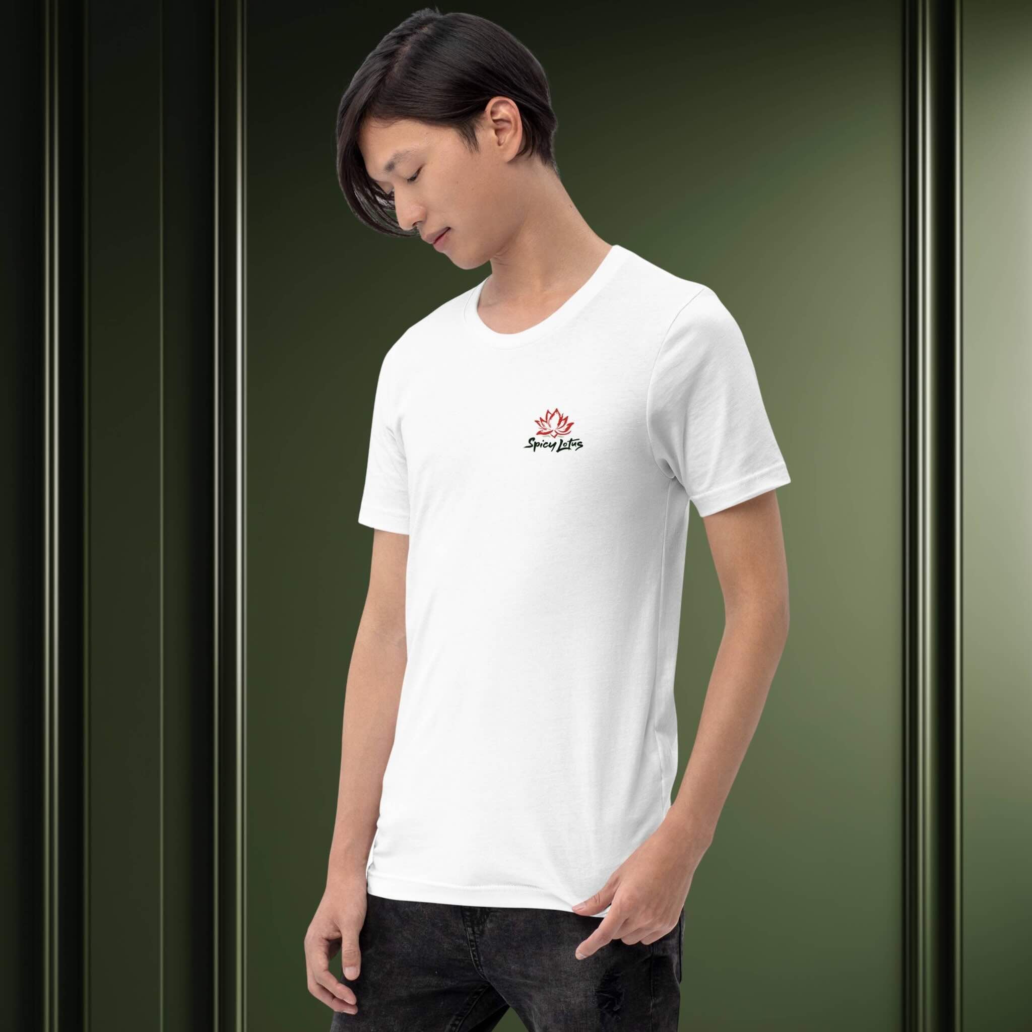 Bella+Canvas 3001 unisex t-shirt with chest logo print on a young man, green wall background