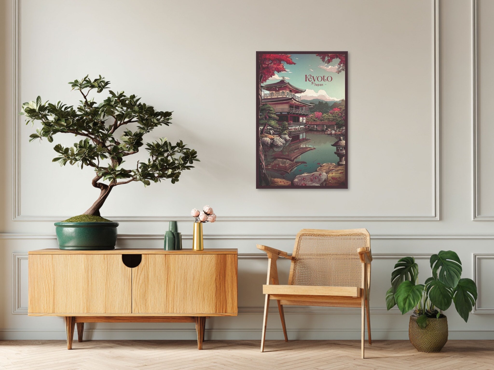 Cultural Kyoto landscape canvas with soft autumn foliage on hallway wall