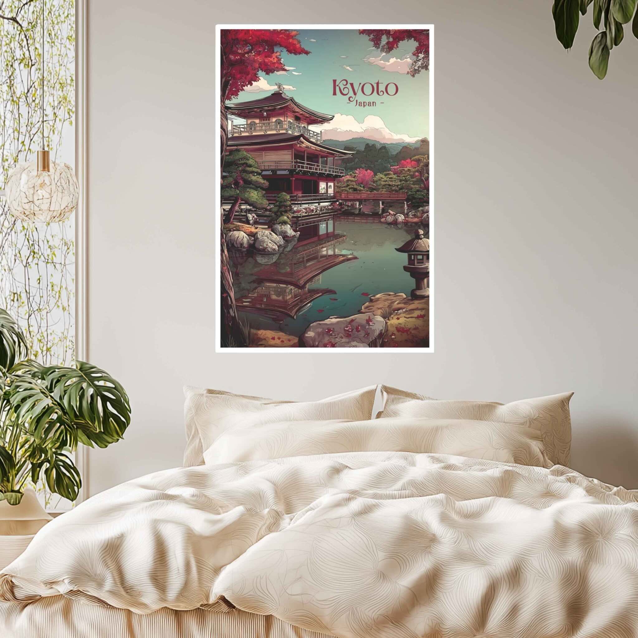 Poster of a Kyoto landscape on a wall above a bed with beige bedding.