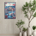 Framed artwork of a Kyoto scene on a wall with decorative plants.