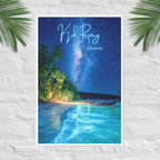 Koh Rong Cambodia poster with bioluminescent beach and Milky Way