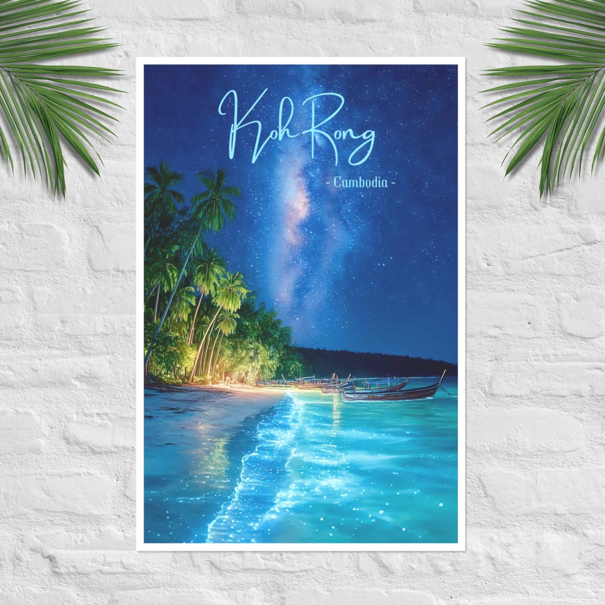 Koh Rong Cambodia poster with bioluminescent beach and Milky Way