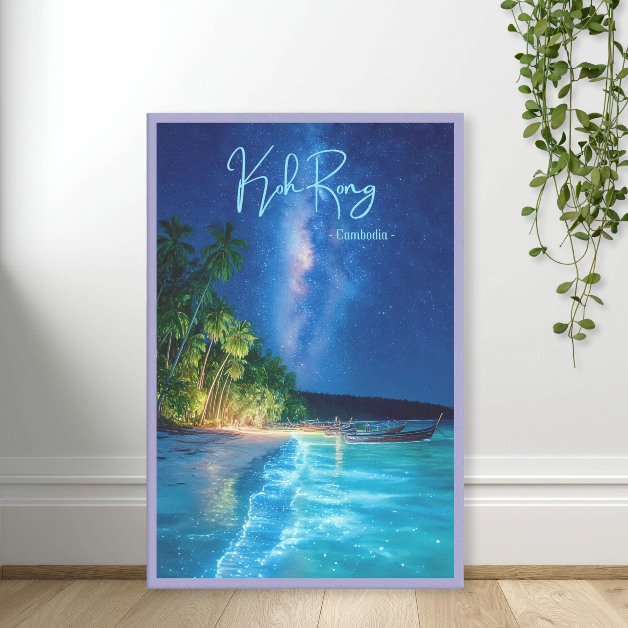 Vertical tropical beach wall art with Milky Way stars standing