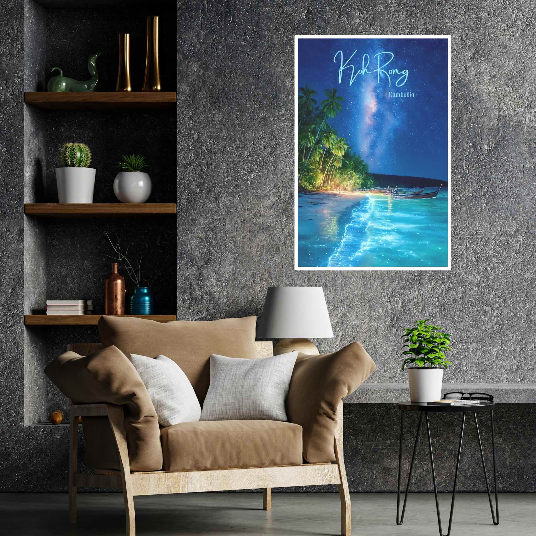 Magical bioluminescent plankton reflections on Cambodia beach poster in office wall setup