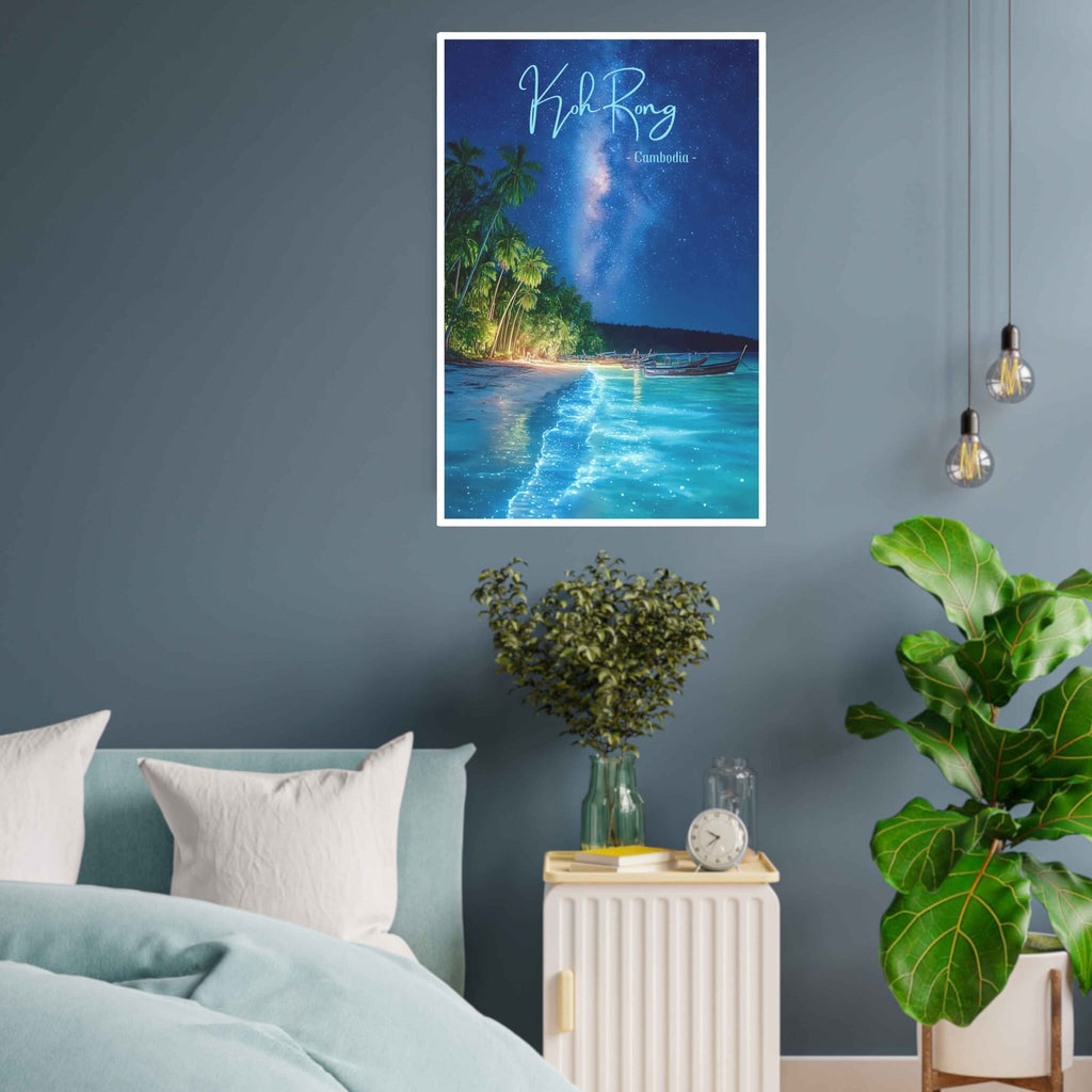 Poster of a tropical beach scene on a wall above a bed in a bedroom.