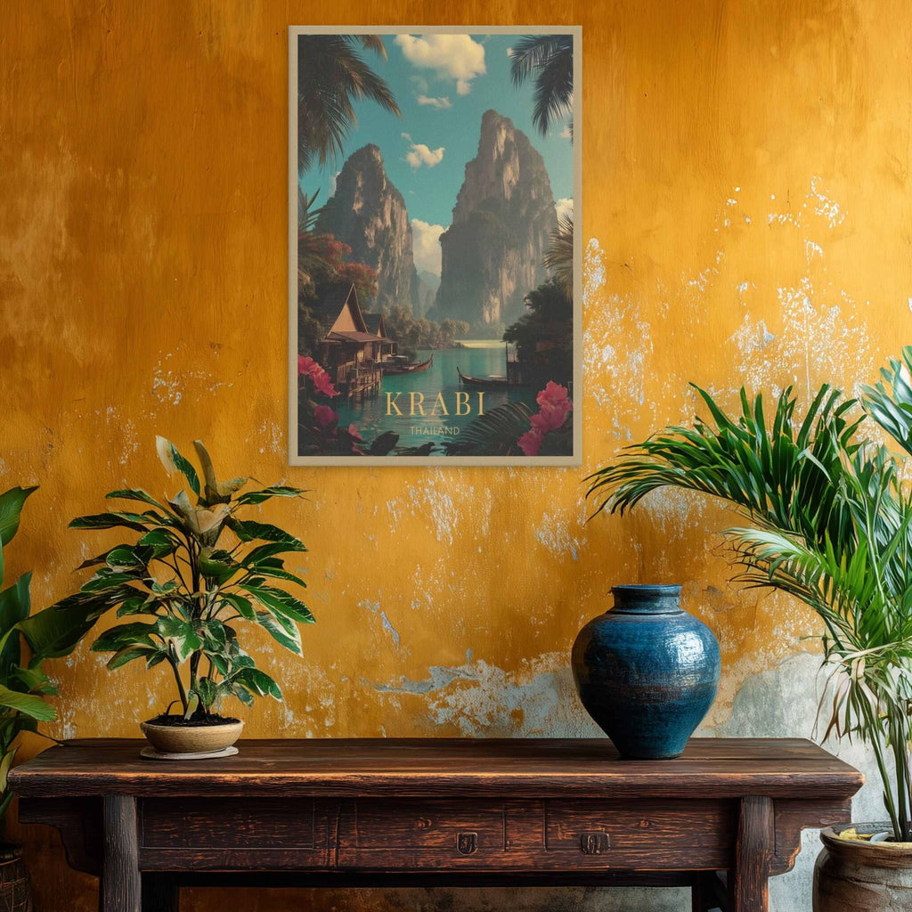 Framed poster of Krabi on a yellow wall with a wooden table and plants.