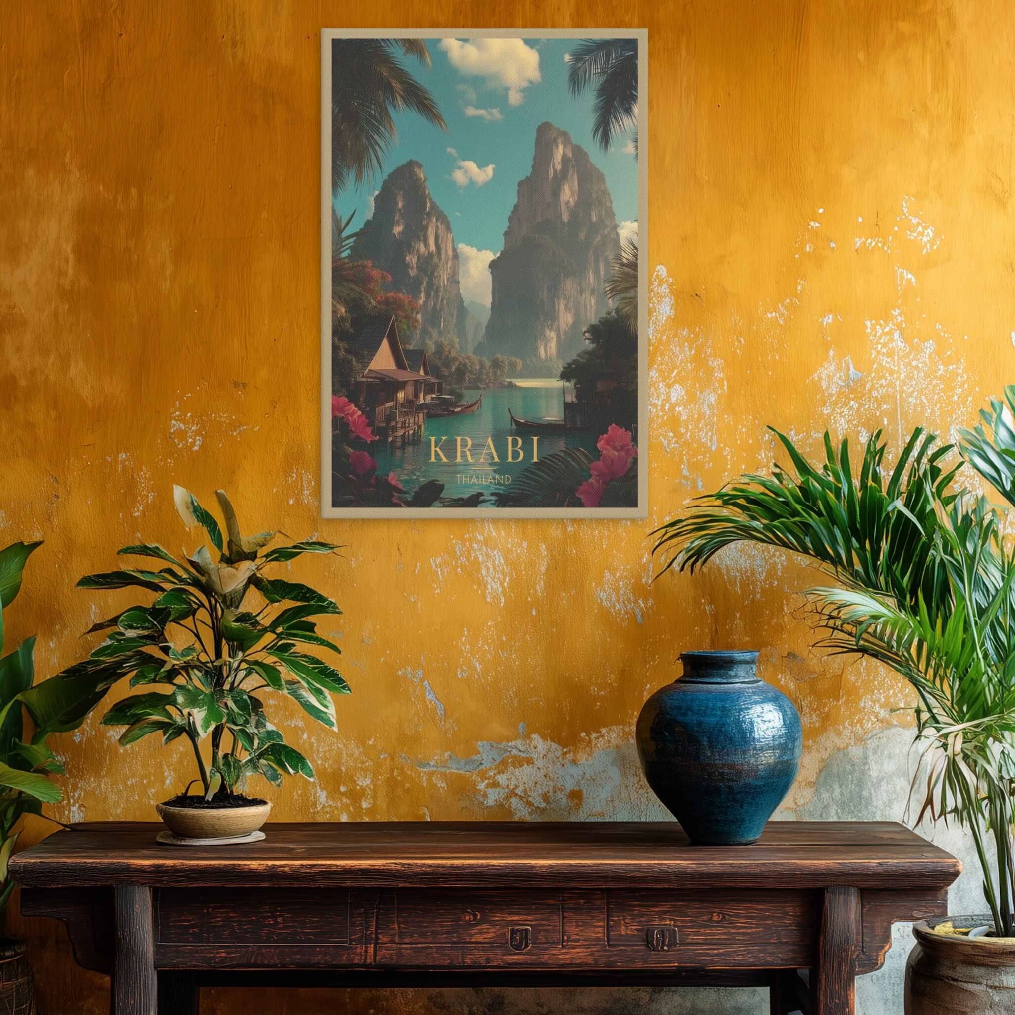 Framed poster of Krabi on a yellow wall with a wooden table and plants.